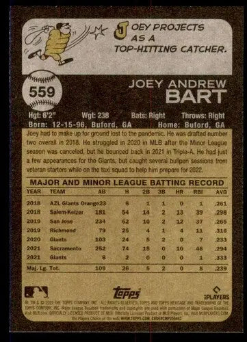 2022 Topps Heritage High Number #559 Joey Bart NM-MT Giants ID:74265 - Baseball Card Single
