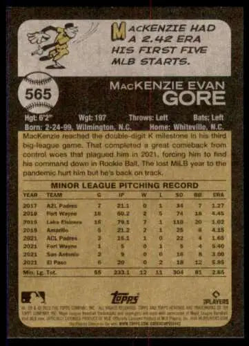 Mackenzie Gore baseball card from 2022 Topps Heritage High Number NM-MT RC
