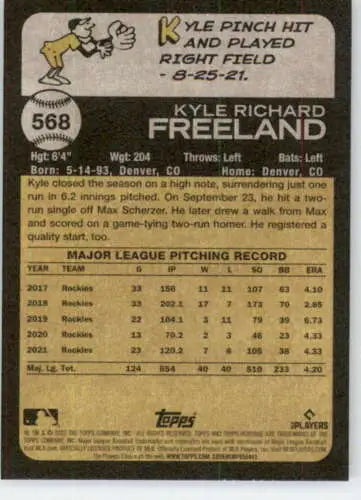 2022 Topps Heritage High Number #568 Kyle Freeland card back with original gloss