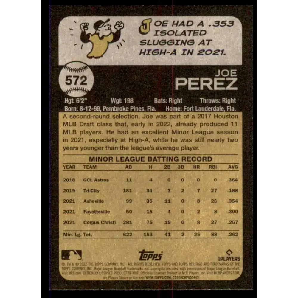 2022 Topps Heritage High Number #572 Joe Perez NM-MT RC Rookie Houston Astros Baseball Card - Baseball Card Single