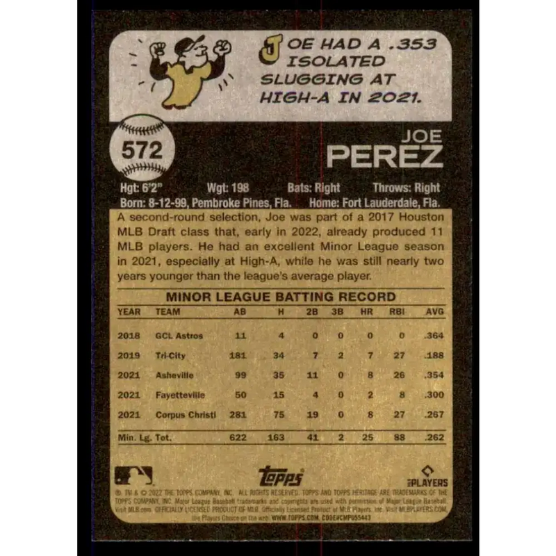 2022 Topps Heritage High Number #572 Joe Perez NM-MT RC Rookie Houston Astros Baseball Card - Baseball Card Single