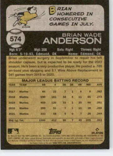 Baseball card back of 2022 Topps Heritage High Number #574 Brian Anderson NM-MT Marlins