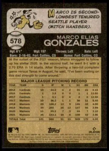 2022 Topps Heritage High Number #578 Marco Gonzales baseball card back with original gloss