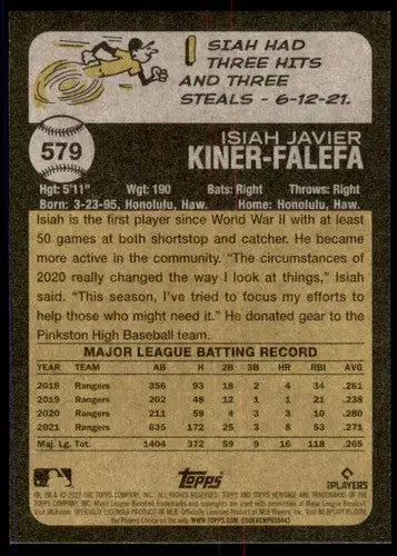 Baseball card back from 2022 Topps Heritage High Number Isiah Kiner-Falefa NM-MT Yankees