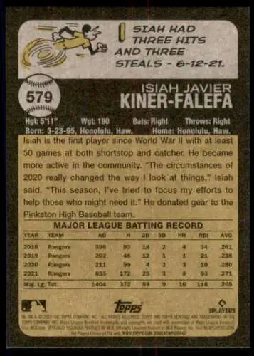 Baseball card back of 2022 Topps Heritage High Number Isiah Kiner-Falefa Yankees NM-MT