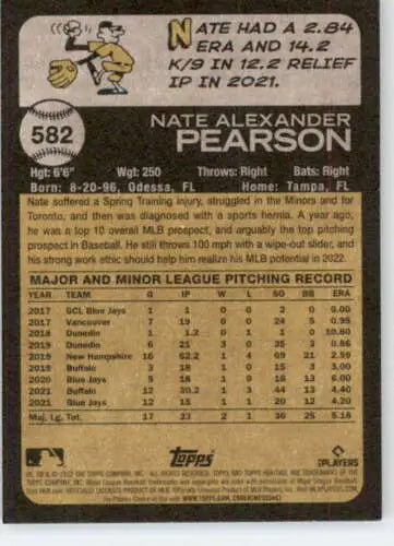 Baseball card back of 2022 Topps Heritage High Number #582 Nate Pearson Blue Jays original gloss