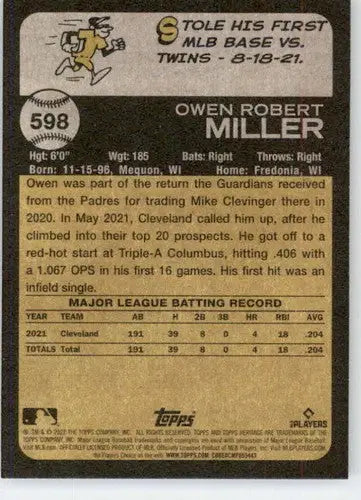 Baseball card back from 2022 Topps Heritage High Number Owen Miller Guardians NM-MT