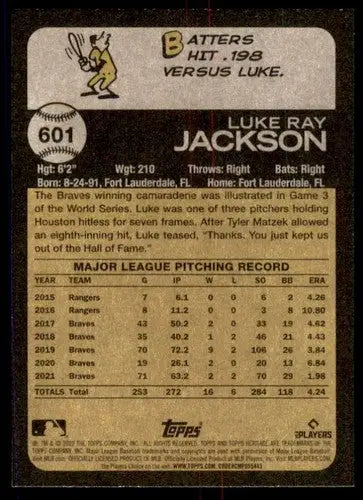 Baseball card back from 2022 Topps Heritage High Number Luke Jackson Braves ID 61016