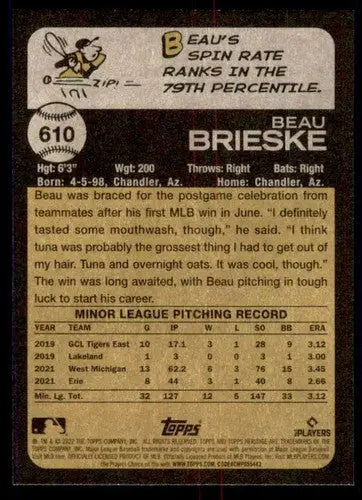 Original gloss Beau Brieske baseball card from Topps Heritage High Number series