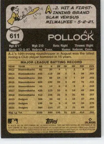2022 Topps Heritage High Number #611 A.J. Pollock NM-MT White Sox ID:59389 - Baseball Card Single