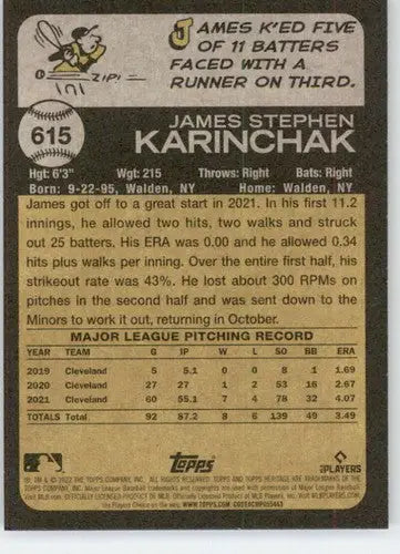 2022 Topps Heritage High Number #615 James Karinchak NM-MT Guardians ID:59394 - Baseball Card Single