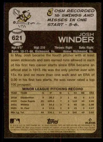 Baseball card back with original gloss from 2022 Topps Heritage High Number Josh Winder RC