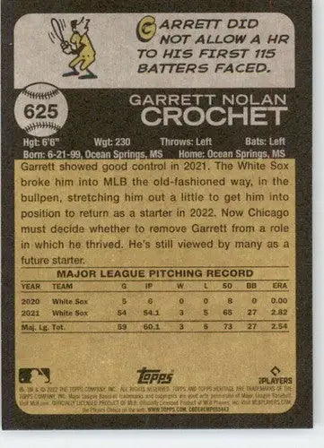 Baseball card back with original gloss from 2022 Topps Heritage High Number Garrett Crochet White Sox ID 59344