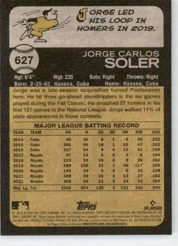 Jorge Soler baseball card back from 2022 Topps Heritage High Number series