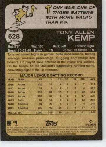 Baseball card back from 2022 Topps Heritage High Number #628 Tony Kemp Athletics