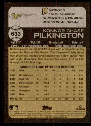 Konnor Pilkington baseball card back from 2022 Topps Heritage High Number collection