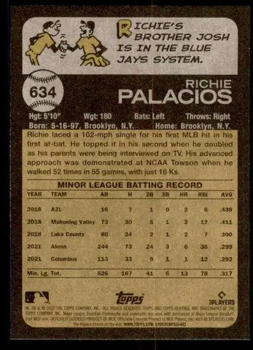 Baseball card back with original gloss from Topps Heritage featuring Richie Palacios Rookie
