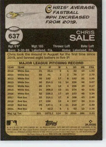2022 Topps Heritage High Number #637 Chris Sale NM-MT Red Sox ID:61053 - Baseball Card Single