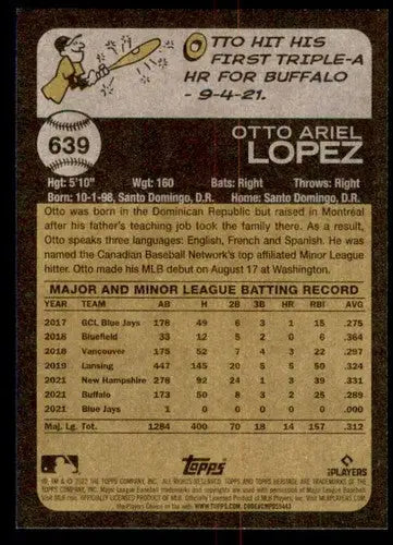Baseball card back with original gloss from 2022 Topps Heritage High Number Otto Lopez rookie card