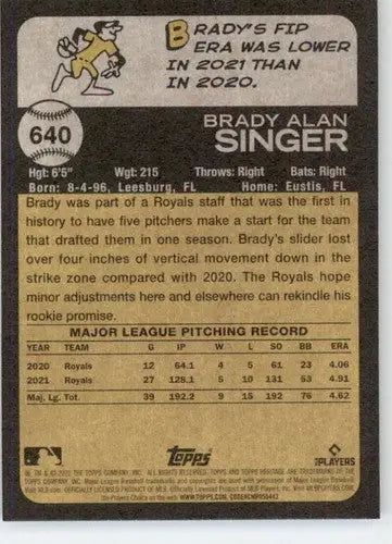 Baseball card back with original gloss from 2022 Topps Heritage High Number Brady Singer Royals