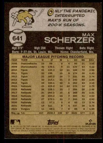 2022 Topps Heritage High Number #641 Max Scherzer NM-MT Mets ID:68077 - Baseball Card Single
