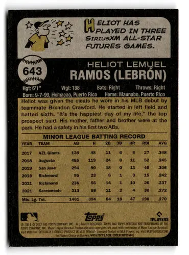Back of a 2022 Topps Heritage High Number Heliot Ramos rookie trading card with original gloss