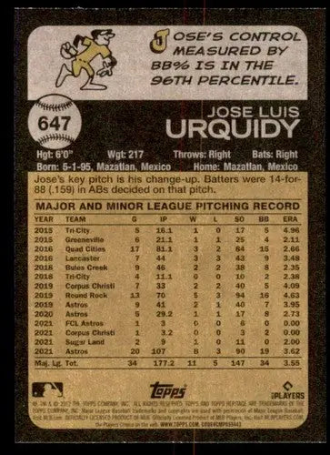 2022 Topps Heritage High Number #647 Jose Urquidy NM-MT Astros ID:62150 - Baseball Card Single