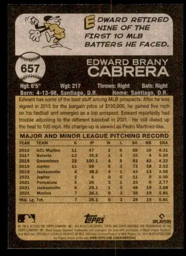Baseball card back showing original gloss from 2022 Topps Heritage High Number series