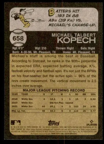 2022 Topps Heritage High Number #658 Michael Kopech NM-MT White Sox ID:62161 - Baseball Card Single