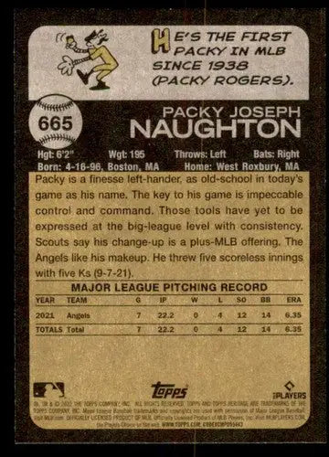 Baseball card back showing original gloss from 2022 Topps Heritage High Number Packy Naughton RC