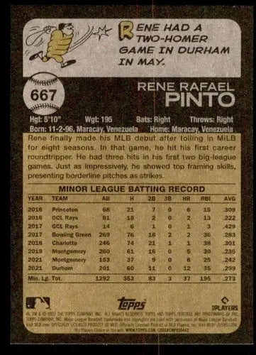 Close-up of the back of 2022 Topps Heritage High Number Rookie Baseball Card Rene Pinto with original gloss