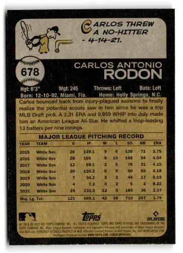 Back of a Topps Heritage High Number baseball trading card featuring Carlos Rodon NM Near Mint