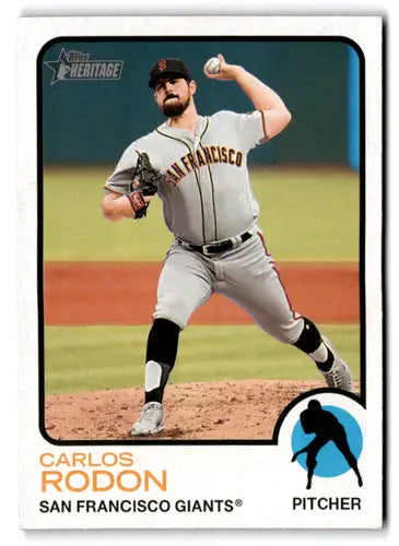 Baseball card featuring pitcher in action from 2022 Topps Heritage High Number series