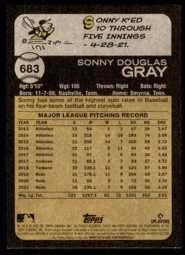 Back of 2022 Topps Heritage High Number Sonny Gray baseball card with original gloss