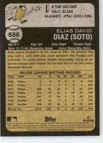 2022 Topps Heritage High Number Baseball Card Back with Original Gloss Elias Diaz Rockies