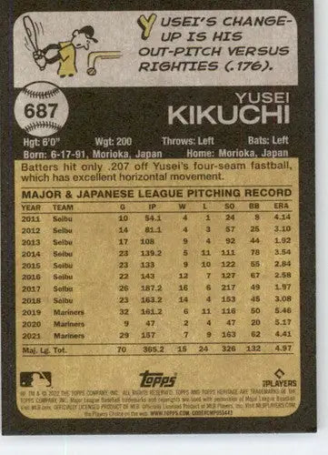 Baseball card back from 2022 Topps Heritage High Number Yusei Kikuchi Blue Jays