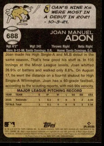 2022 Topps Heritage High Number #688 Joan Adon NM-MT RC Rookie National ID:62268 - Baseball Card Single