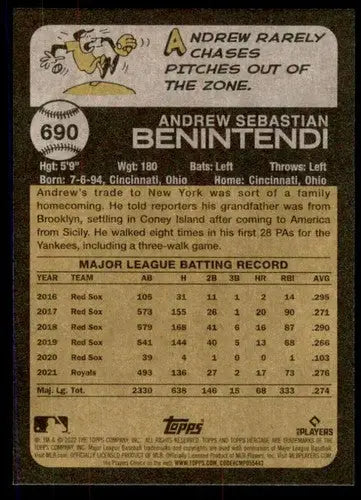 Baseball card back showing original gloss from 2022 Topps Heritage Andrew Benintendi Yankees