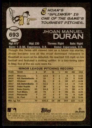 Baseball card back from 2022 Topps Heritage High Number Jhoan Duran rookie ID56051