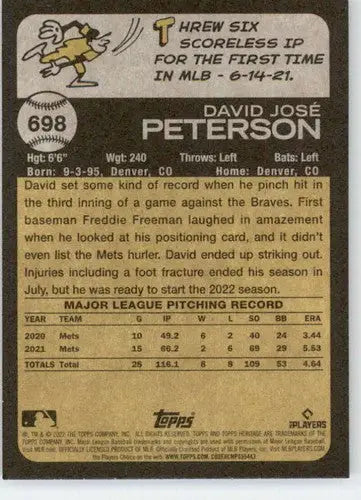 Baseball card back showing original gloss for 2022 Topps Heritage High Number David Peterson Mets