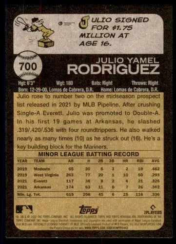 2022 Topps Heritage High Number #700 Julio Rodriguez NM-MT RC Rookie Ma ID:62280 - Baseball Card Single
