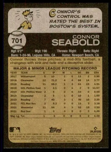 Baseball card back with original gloss from 2022 Topps Heritage High Number Connor Seabold RC