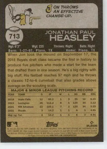 Baseball card back from 2022 Topps Heritage High Number Jonathan Heasley RC