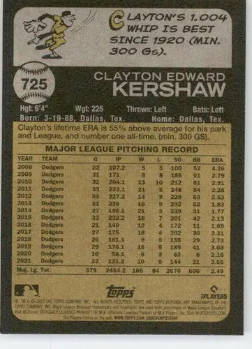 2022 Topps Heritage High Number #725 Clayton Kershaw NM-MT SP Dodgers ID:56056 - Baseball Card Single