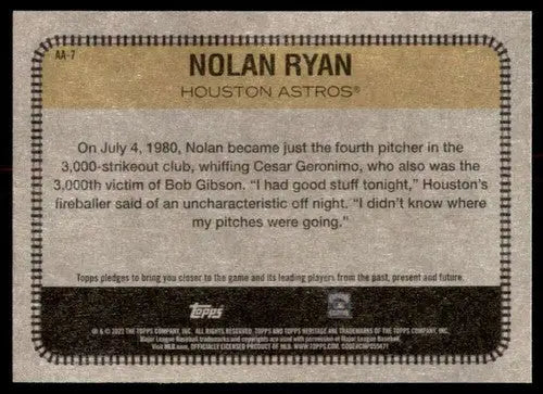 Baseball card back from 2022 Topps Heritage High Number Nolan Ryan NM-MT