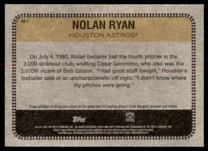 Baseball card back from 2022 Topps Heritage High Number Nolan Ryan NM-MT