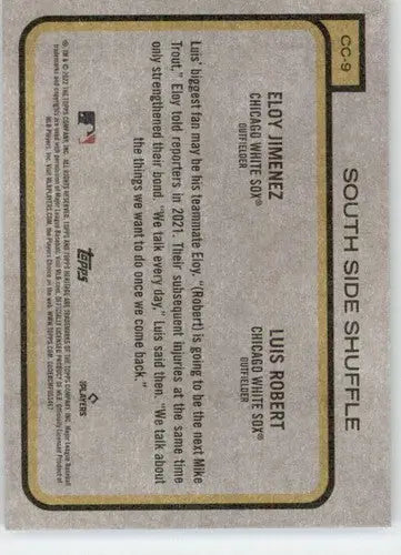 Baseball card back from 2022 Topps Heritage High Number Combo Card featuring Eloy Jimenez and Luis Robe
