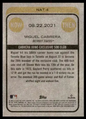 Baseball card back from 2022 Topps Heritage High Number featuring Miguel Cabrera