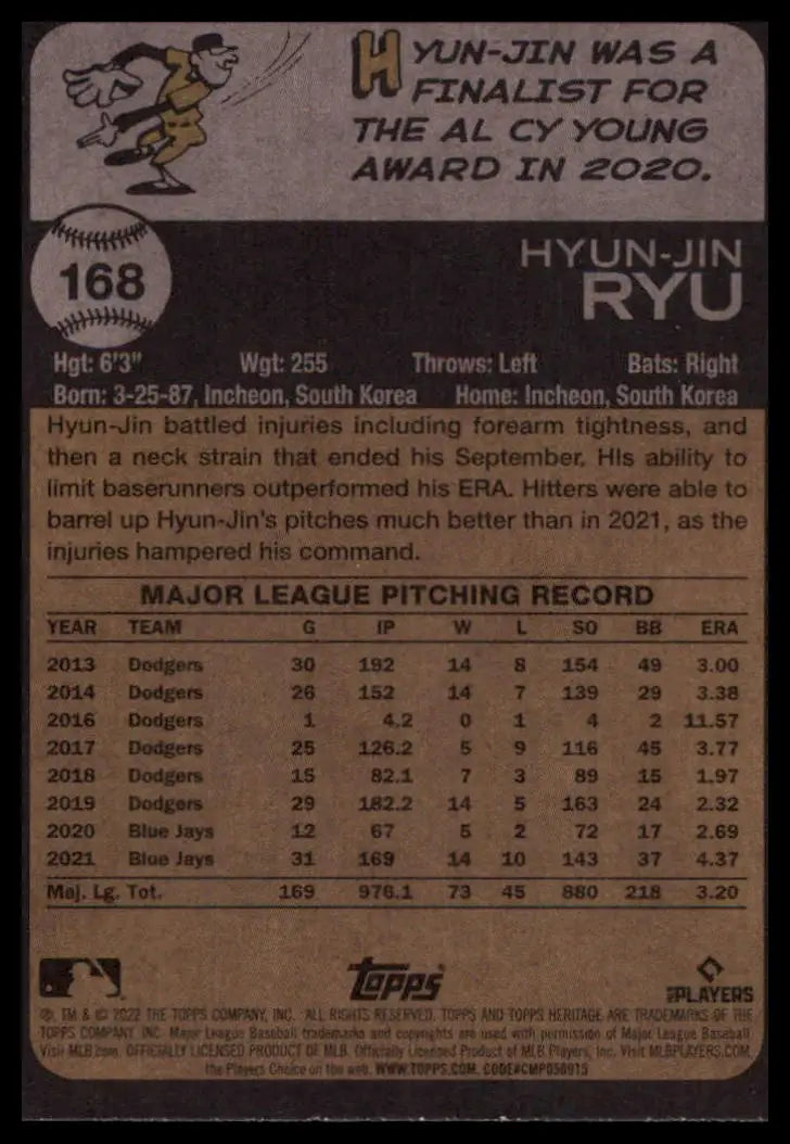 2022 Topps Heritage Hyun-Jin Ryu 168 Toronto Blue Jays NM