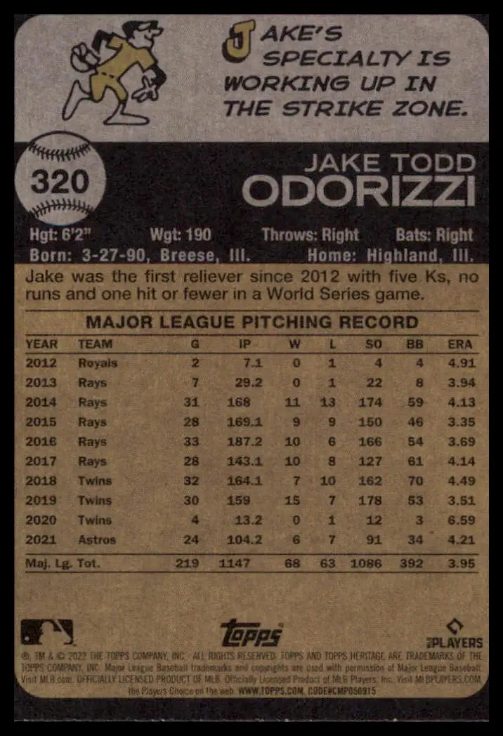 2022 Topps Heritage Jake Odorizzi 320 Houston Astros NM - Baseball Card Single